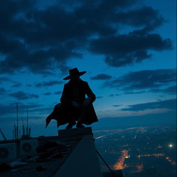 A mysterious man squatting on the edge of a rooftop, overlooking the city beneath him