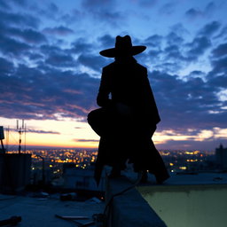 A mysterious man squatting on the edge of a rooftop, overlooking the city beneath him
