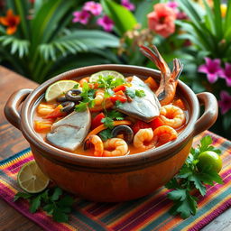 A vibrant and colorful representation of a traditional Brazilian Moqueca de Peixe, featuring a large, rustic clay pot filled with a delicious seafood stew