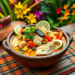A vibrant and colorful representation of a traditional Brazilian Moqueca de Peixe, featuring a large, rustic clay pot filled with a delicious seafood stew