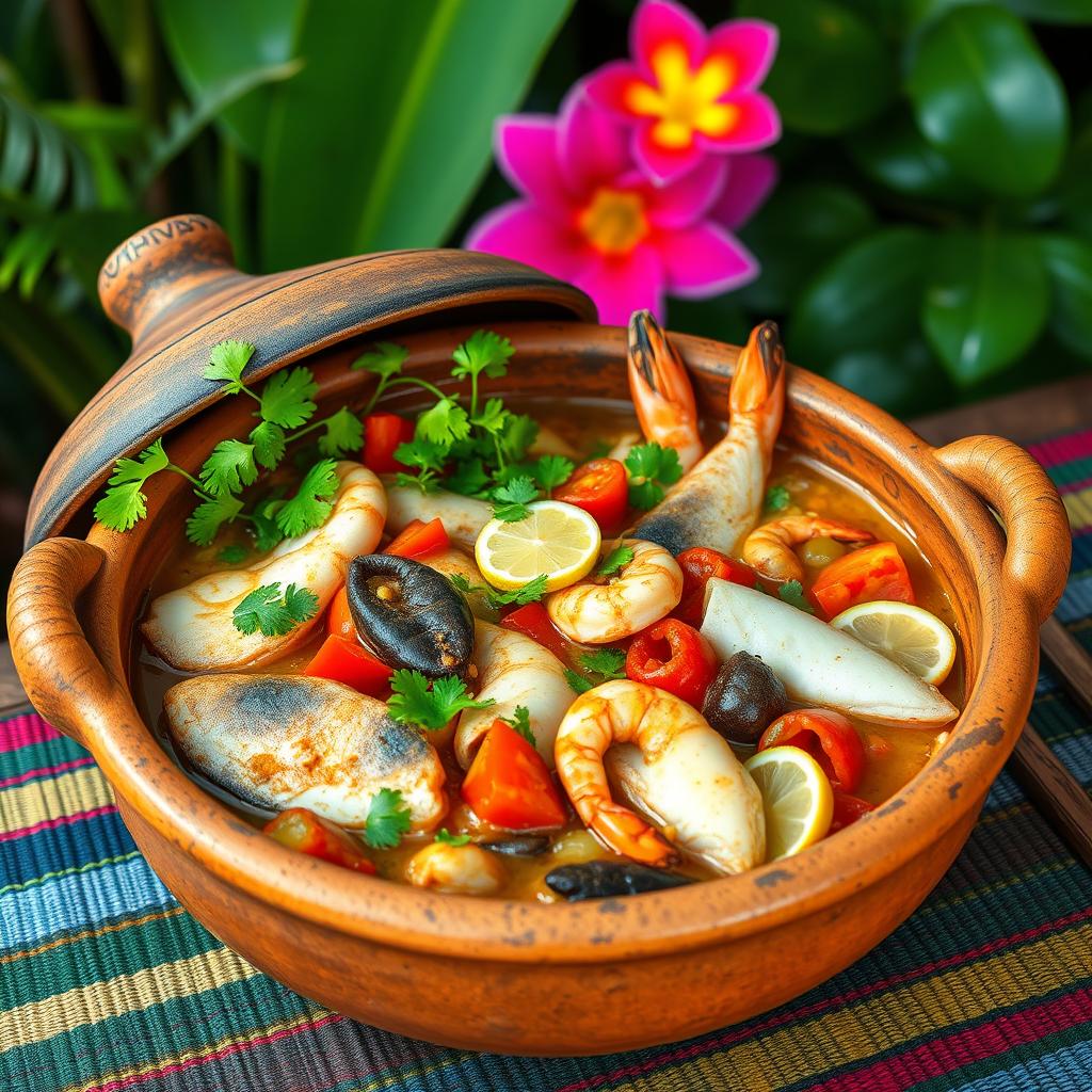 A vibrant and colorful representation of a traditional Brazilian Moqueca de Peixe, featuring a large, rustic clay pot filled with a delicious seafood stew