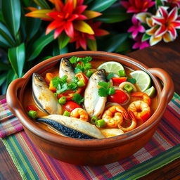 A vibrant and colorful representation of a traditional Brazilian Moqueca de Peixe, featuring a large, rustic clay pot filled with a delicious seafood stew