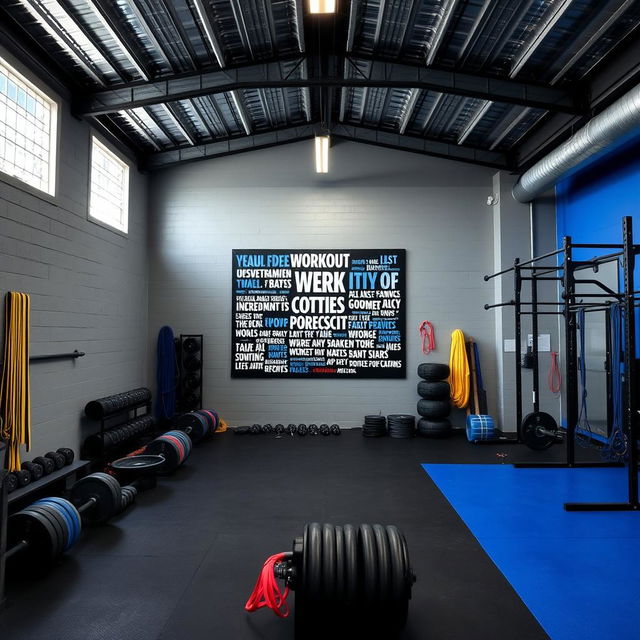 A CrossFit space designed with a color palette of gray, black, and royal blue