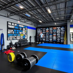 A CrossFit space designed with a color palette of gray, black, and royal blue