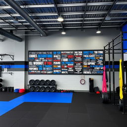 A CrossFit space designed with a color palette of gray, black, and royal blue