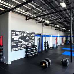 A CrossFit space designed with a color palette of gray, black, and royal blue