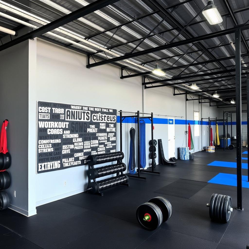 A CrossFit space designed with a color palette of gray, black, and royal blue