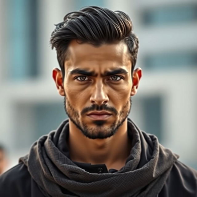 A handsome 30-year-old Muslim man with a serious expression on his face