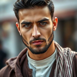 A handsome 30-year-old Muslim man with a serious expression on his face