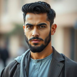 A handsome 30-year-old Muslim man with a serious expression on his face