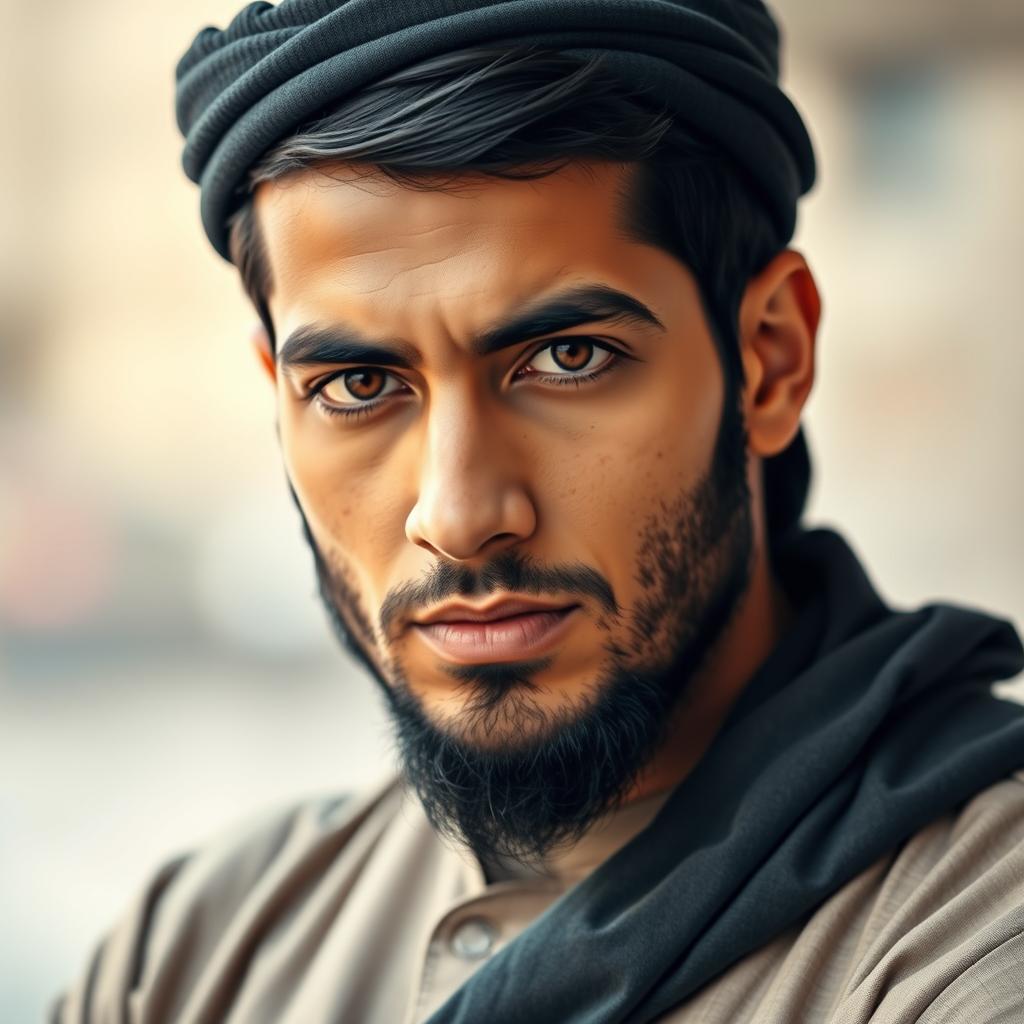 A handsome 30-year-old Muslim man with a serious expression on his face