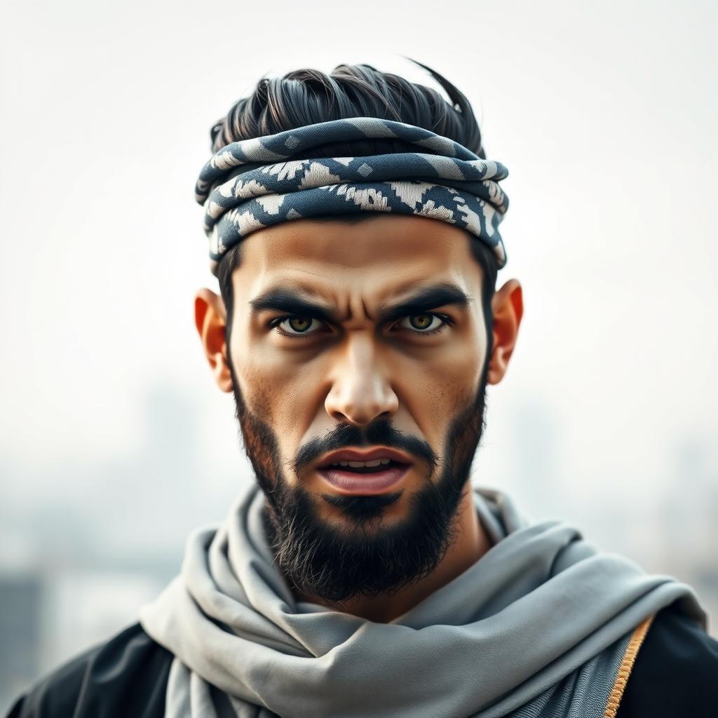 A handsome 30-year-old Muslim man with an angry expression on his face