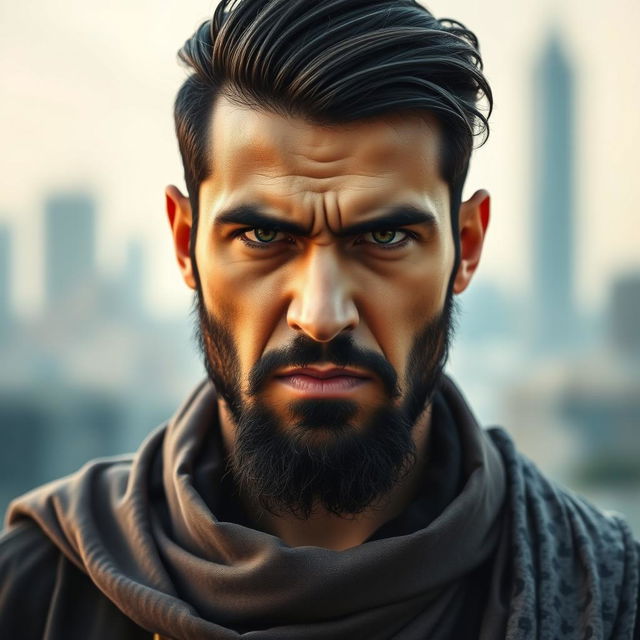 A handsome 30-year-old Muslim man with an angry expression on his face