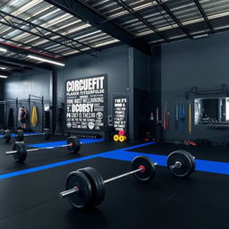 A CrossFit space designed with a color palette of dark gray, black, and royal blue