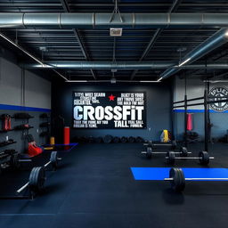 A CrossFit space designed with a color palette of dark gray, black, and royal blue
