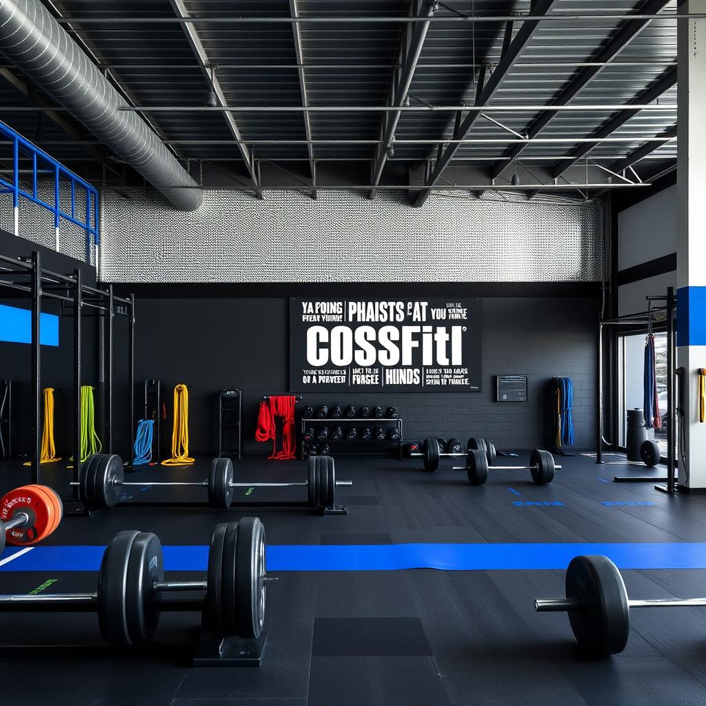 A CrossFit space designed with a color palette of dark gray, black, and royal blue