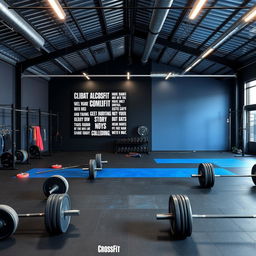 A CrossFit space designed with a color palette of dark gray, black, and royal blue