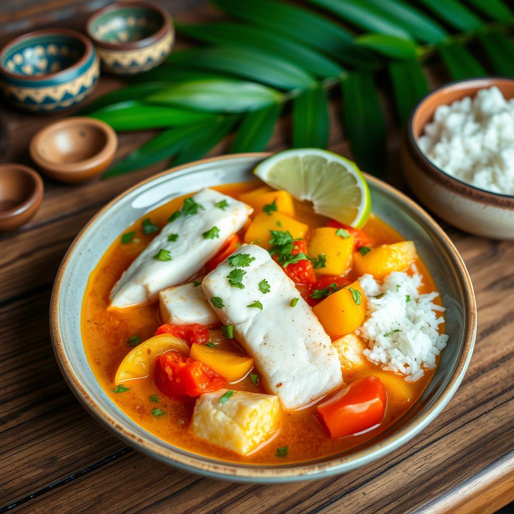 A beautifully arranged plate of Moqueca de Peixe, a traditional Brazilian fish stew