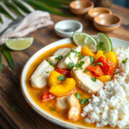A beautifully arranged plate of Moqueca de Peixe, a traditional Brazilian fish stew