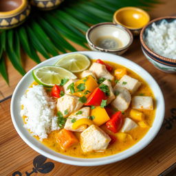 A beautifully arranged plate of Moqueca de Peixe, a traditional Brazilian fish stew