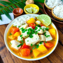 A beautifully arranged plate of Moqueca de Peixe, a traditional Brazilian fish stew