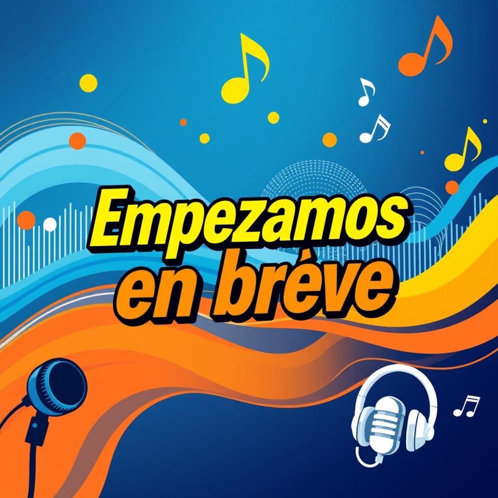 A vibrant and eye-catching podcast banner with the text "Empezamos en breve" prominently displayed in bold, energetic typography