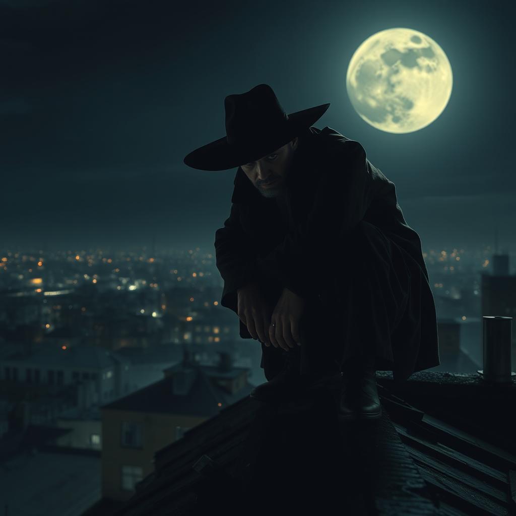 A mysterious man squatting on the edge of a rooftop, peering down in horror at something unseen