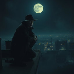 A mysterious man squatting on the edge of a rooftop, peering down in horror at something unseen