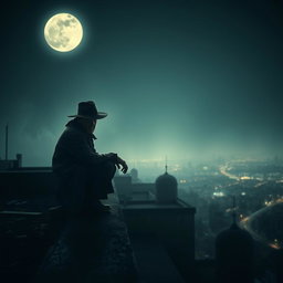 A mysterious man squatting on the edge of a rooftop, peering down in horror at something unseen