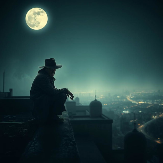 A mysterious man squatting on the edge of a rooftop, peering down in horror at something unseen