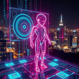 A futuristic artificial intelligence interface displaying holographic elements, with vibrant neon colors and intricate patterns