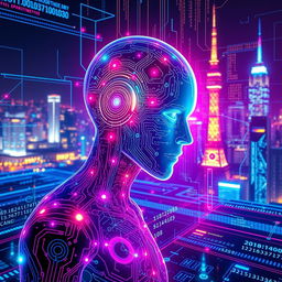 A futuristic artificial intelligence interface displaying holographic elements, with vibrant neon colors and intricate patterns