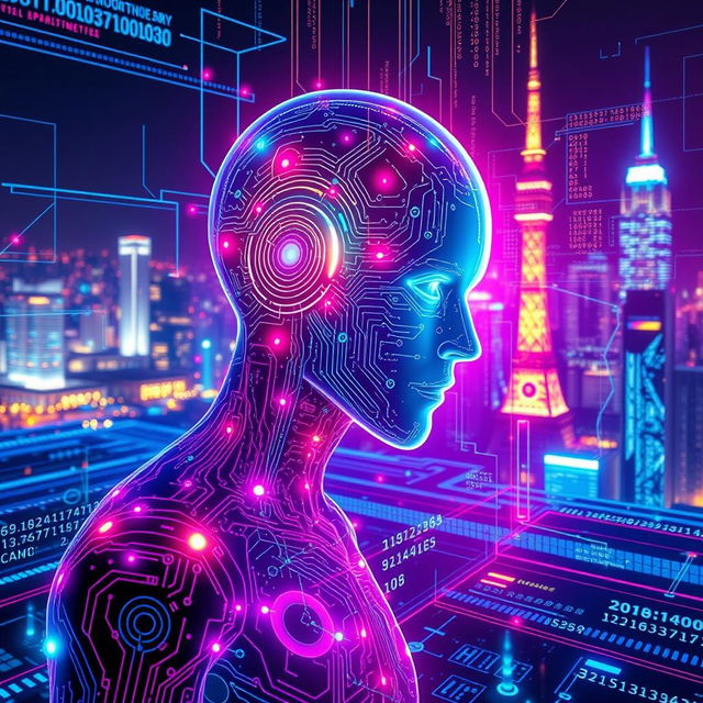 A futuristic artificial intelligence interface displaying holographic elements, with vibrant neon colors and intricate patterns