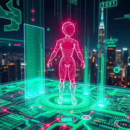 A futuristic artificial intelligence interface displaying holographic elements, with vibrant neon colors and intricate patterns
