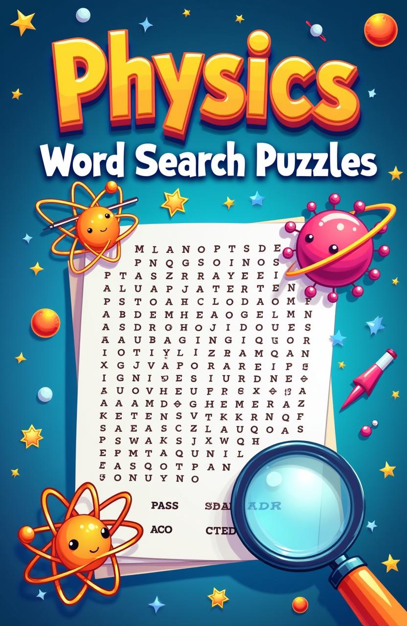 A vibrant and engaging cover design for a 6x9 inch animated word search puzzle book focused on physics