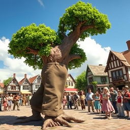 A whimsical scene depicting a tall tree wearing a pair of oversized pants, walking on its roots as if it were a person