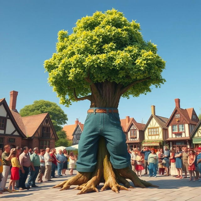 A whimsical scene depicting a tall tree wearing a pair of oversized pants, walking on its roots as if it were a person