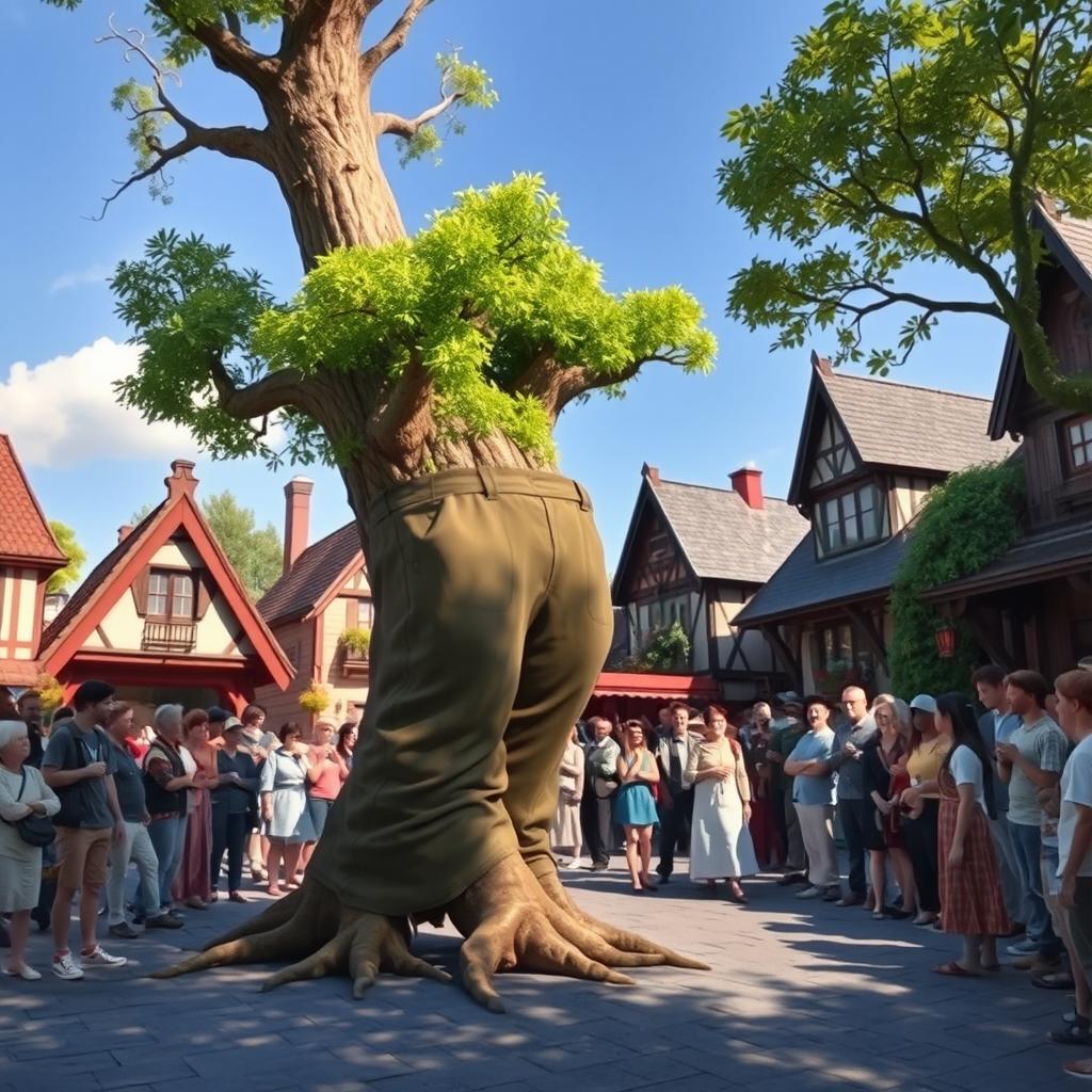 A whimsical scene depicting a tall tree wearing a pair of oversized pants, walking on its roots as if it were a person