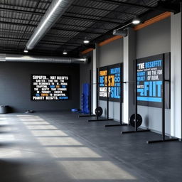 A CrossFit space designed with a color palette of dark gray, black, and royal blue