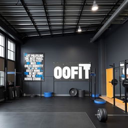 A CrossFit space designed with a color palette of dark gray, black, and royal blue