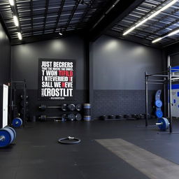 A CrossFit space designed with a color palette of dark gray, black, and royal blue