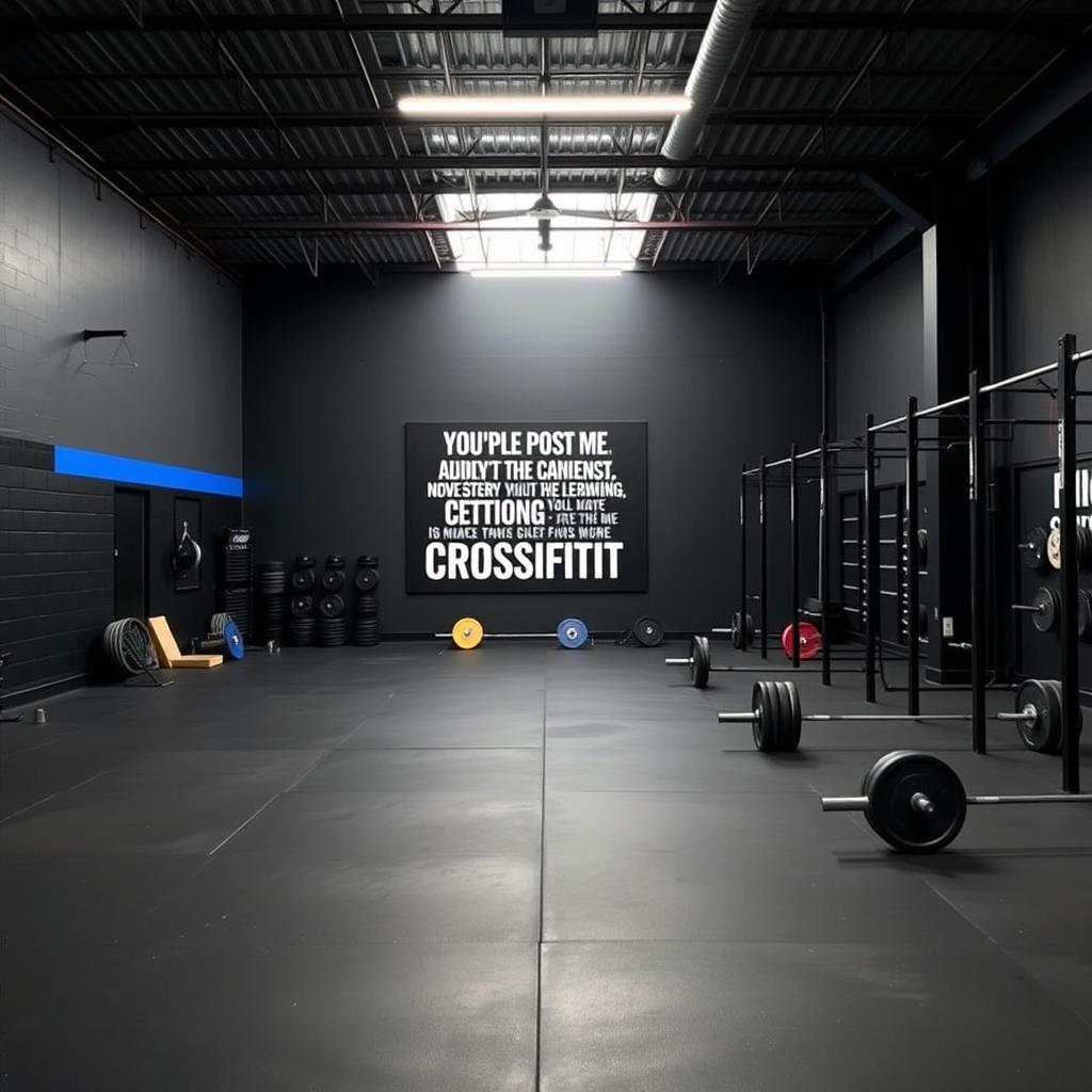 A CrossFit space designed with a color palette of dark gray, black, and royal blue