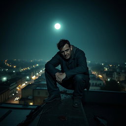 An unknown man squatting on the edge of a rooftop, gazing down with a look of horror etched on his face