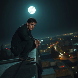 An unknown man squatting on the edge of a rooftop, gazing down with a look of horror etched on his face