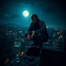An unknown man squatting on the edge of a rooftop, gazing down with a look of horror etched on his face