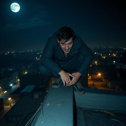 An unknown man squatting on the edge of a rooftop, gazing down with a look of horror etched on his face
