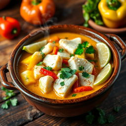 A delicious, vibrant Moqueca de Peixe dish, showcasing beautifully arranged chunks of fresh fish, rich coconut milk, and colorful bell peppers