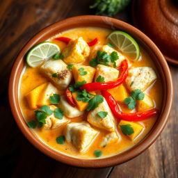 A delicious, vibrant Moqueca de Peixe dish, showcasing beautifully arranged chunks of fresh fish, rich coconut milk, and colorful bell peppers