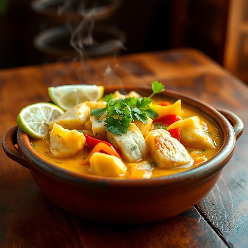 A delicious, vibrant Moqueca de Peixe dish, showcasing beautifully arranged chunks of fresh fish, rich coconut milk, and colorful bell peppers