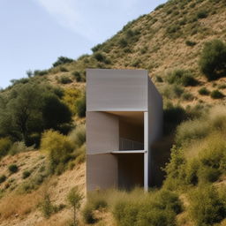 A building with a stair partition, going from the ground floor to the attic, nestled in hilly terrain.